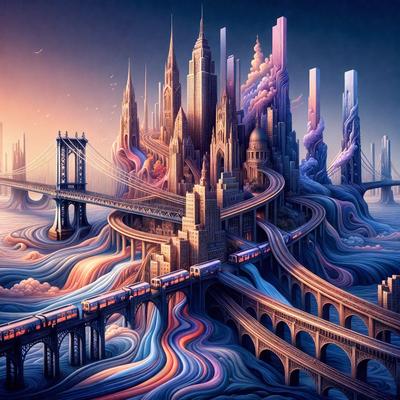 The primary subject of the image is a futuristic cityscape with a train traveling through it. The setting is a city with a bridge and a train passing under it. The visual style is digital art, and the colors and mood are vibrant and dynamic.